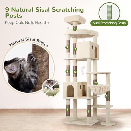 Arbre à Chat XXL 213 cm avec Niches et Plate-forme Beige