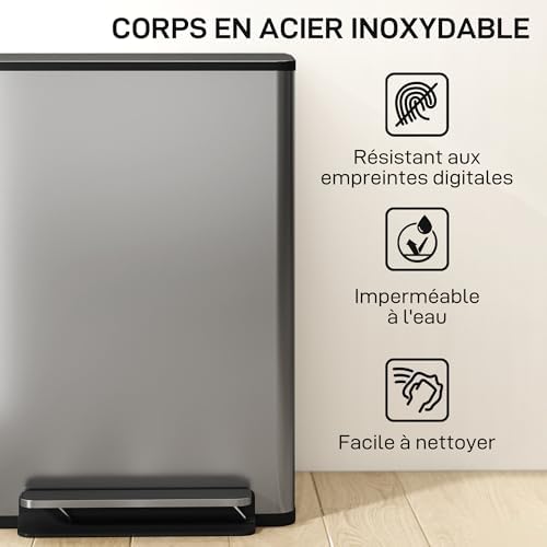 HOMCOM Poubelle Cuisine 50L, Acier Inoxydable, Couvercle Doux, Anti-Odeurs