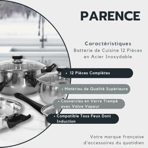 Batterie de Cuisine 12 Pièces en Acier Inoxydable, Compatible Induction, Couvercles en Verre