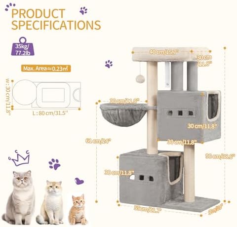 Arbre à Chat 98 cm avec Niches et Griffoir Sisal, Gris Clair