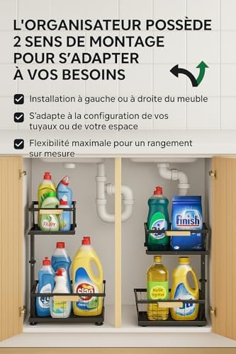 Organisateur sous évier coulissant en métal, ajustable, noir