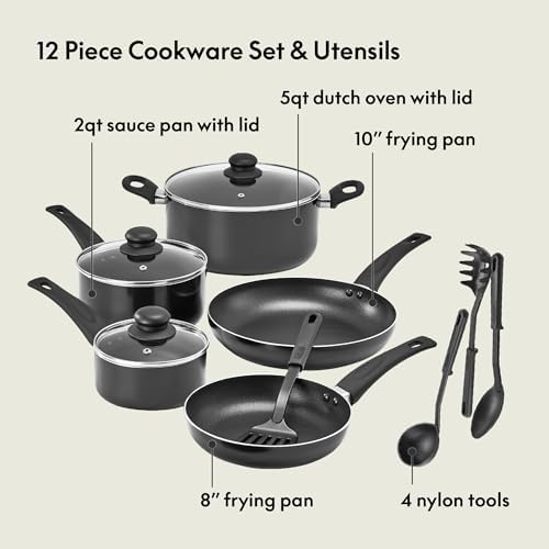 Batterie de Cuisine Antiadhésive 12 Pièces, Noir, Compatible Toutes Plaques