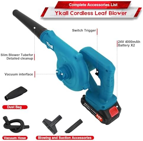 Ykall Souffleur de Feuilles sans Fil 24 V, Moteur sans Balais, 2 Batteries 4000 mAh
