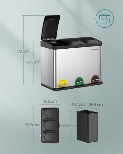 SONGMICS Poubelle de Cuisine Triple, 45L, Acier, 3 x 15L, Argent