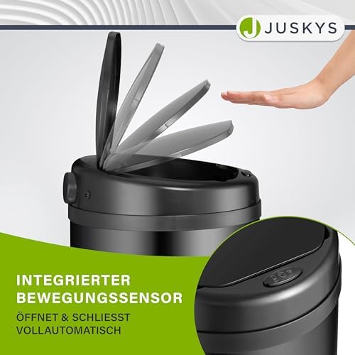 Juskys Poubelle Automatique 50L, Capteur de Mouvement, Couvercle Étanche, Noir