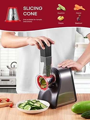 FOHERE Râpe Légumes Électrique, Modèle 4 en 1, 200W, Acier Inoxydable, Rouge