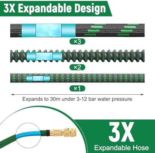 Tuyau d'Arrosage Extensible 30m, Vert, avec Buse 10 Fonctions et Raccords en Laiton