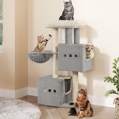 Arbre à Chat 98 cm avec Niches et Griffoir Sisal, Gris Clair