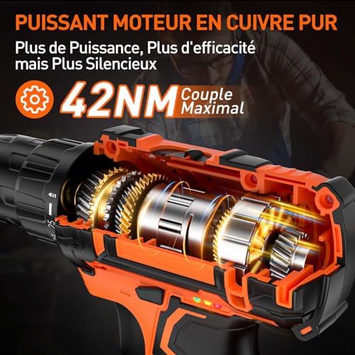 FAHEFANA Perceuse Visseuse Sans Fil 20V, 42Nm, 2 Batteries 2.0Ah, 24 Accessoires