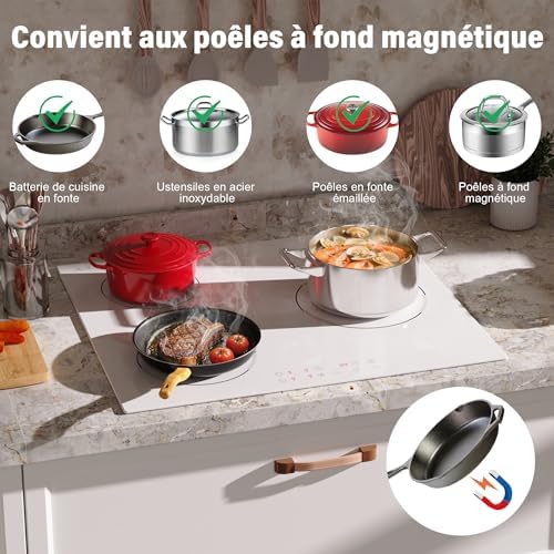Plaque Induction 3 Feux, 60cm, Blanc, 3500W, Contrôle Tactile
