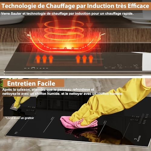 Plaque Induction 3 Feux avec Zone Barbecue Flexible, 6800W, 230V