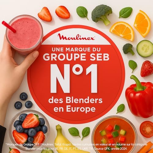 Moulinex Mixeur Plongeant InfinyForce Pro 1200W, Lames Powelix, 5 Fonctions, Noir et Inox