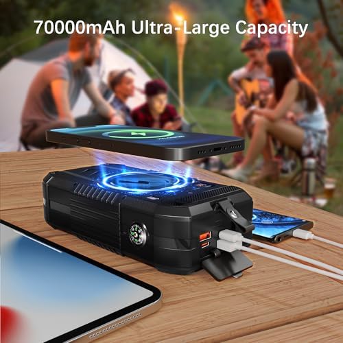 Chargeur Portable 70 000 mAh Batterie Externe Solaire avec Manivelle et 6 Sorties
