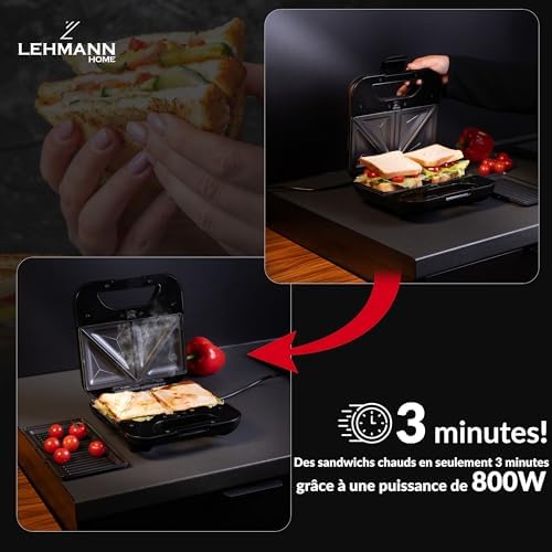 LEHMANN Appareil à Croque Monsieur 3 en 1 LHOSA-0812, Plaques Interchangeables, 800W