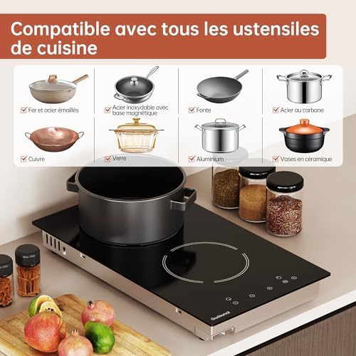 Plaque Vitrocéramique 2 Feux, 3000W, Minuteur, Noir Mat