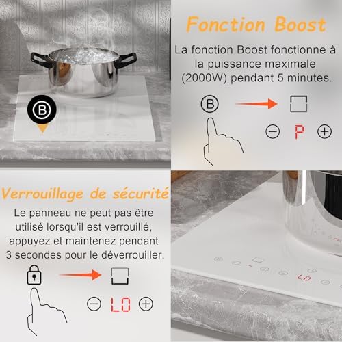 Plaque Induction 2 Feux avec Prise, 30CM, Blanc, Contrôle Tactile