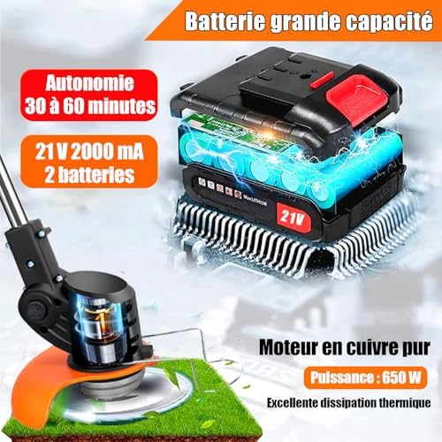 Débroussailleuse Électrique sans Fil 21V, 3 Lames Incluses, Léger et Puissant