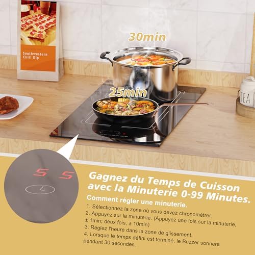 Plaque Induction 2 Feux Encastrable, 30 cm, 9 Niveaux, Fonction Boost, Noir