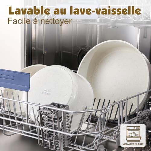 Set de Batterie de Cuisine Antiadhésif 17 Pièces, Blanc, Poignées Amovibles
