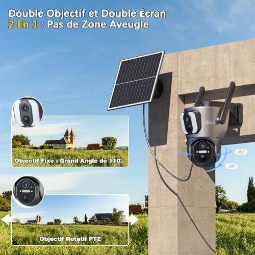 Caméra Solaire 4G LTE Double Objectif, Surveillance Extérieure 2K HD, Gris