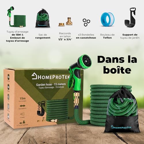 Tuyau d'Arrosage Extensible 15m, 9 Modes, Adaptateurs 1/2'' et 3/4'', Vert