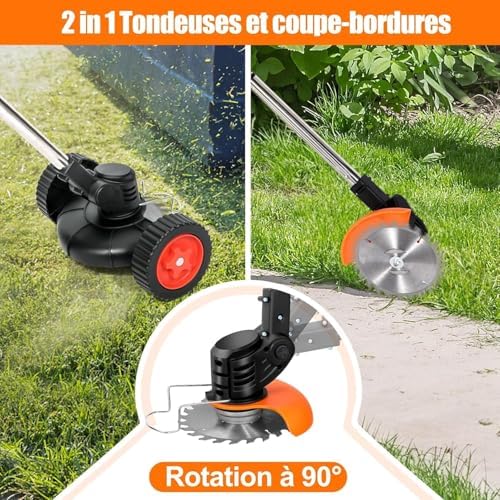 Débroussailleuse Électrique Sans Fil 21V, Coupe Bordure avec Roues et Lames Multiples