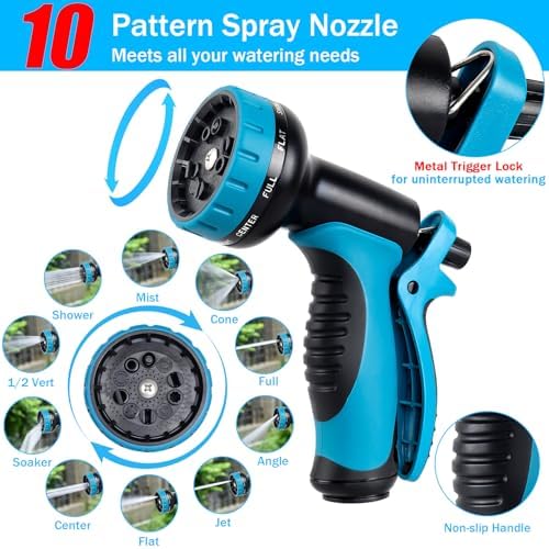 Tuyau Arrosage Extensible 15m, Tuyau d'arrosage Rétractable Noir et Bleu avec 10 Fonctions Pistolet