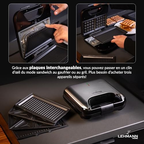 LEHMANN Appareil à Croque Monsieur 3 en 1 LHOSA-0812, Plaques Interchangeables, 800W