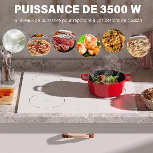 Plaque Induction 3 Feux, 60cm, Blanc, 3500W, Contrôle Tactile