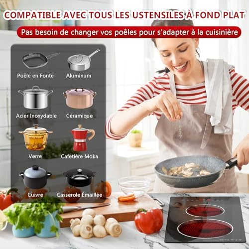 Plaque Vitrocéramique 2 Feux Induction, 3000W, Encastrable, 9 Niveaux
