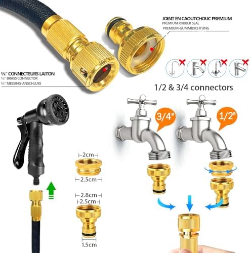 Tuyau Arrosage Extensible 30M, 8 Modes, Connecteurs Laiton 3/4' et 1/2', Noir