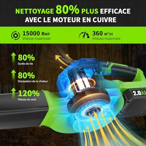 SEYVUM Souffleur de Feuilles sans Fil, Modèle RLBBM10, 3 Vitesses, Léger 1,4kg