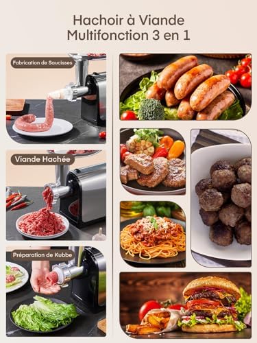 FOHERE Hachoir à Viande Électrique Professionnel, 3 en 1, 2000W Max, Acier Inoxydable