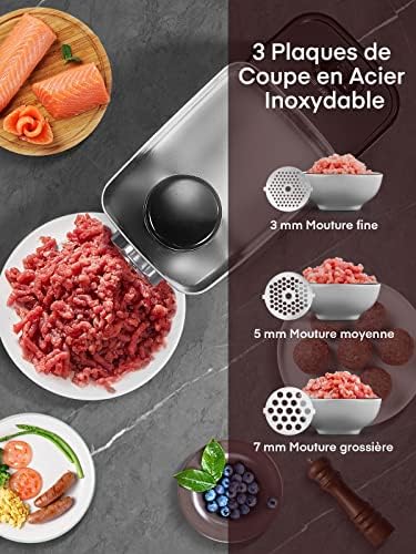 HOUSNAT Hachoir à Viande Électrique, 1500W Max, 3 en 1, Acier Inoxydable, Argent/Noir