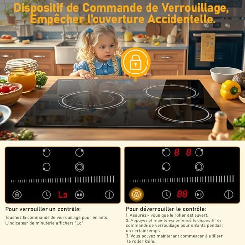 Plaque Induction 3 Feux avec Chauffage Double Anneau et Minuterie Intelligente