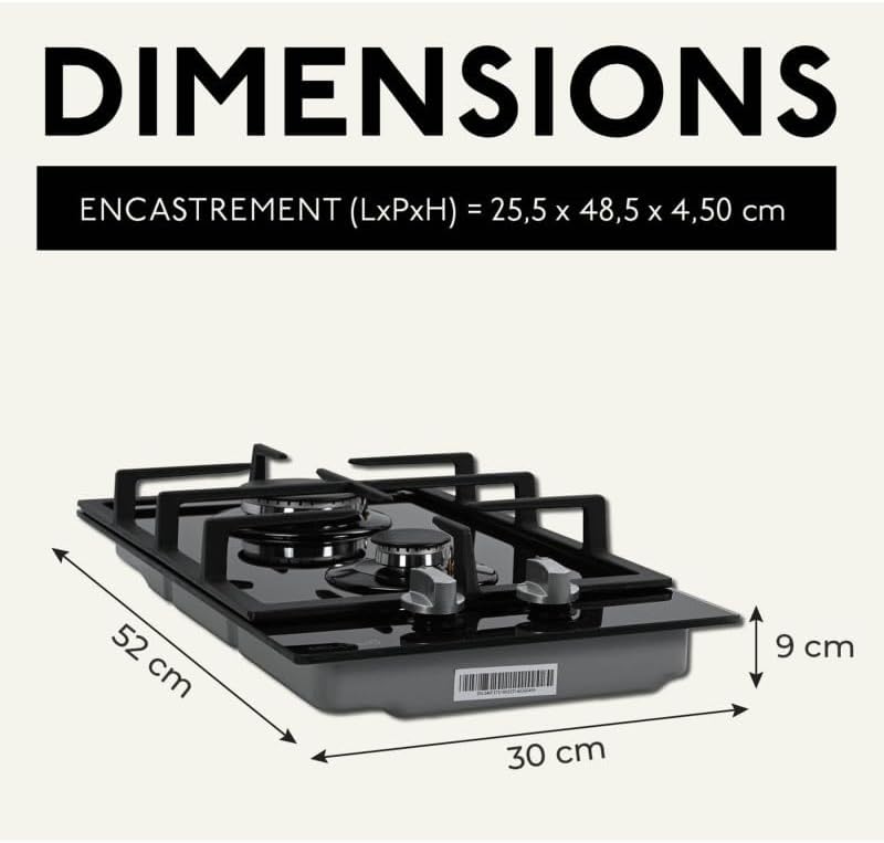 Plaque Induction 2 Feux, Verre Noir, Puissance 4000W, Gaz Naturel