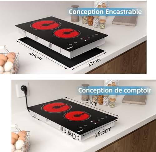 Plaque Vitrocéramique 2 Feux Induction, 29cm, Commande Tactile, 9 Niveaux