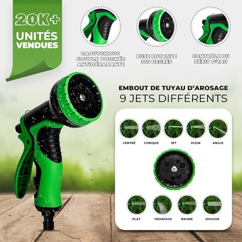 Tuyau d'Arrosage Extensible 15m, 9 Modes, Adaptateurs 1/2'' et 3/4'', Vert