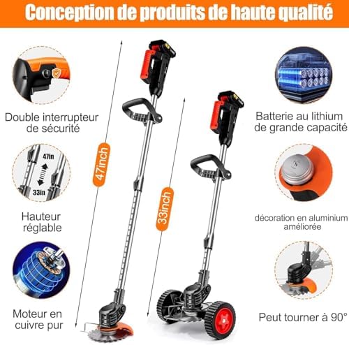 Débroussailleuse Électrique Sans Fil 21V, 2 Batteries, 3 Types de Lames