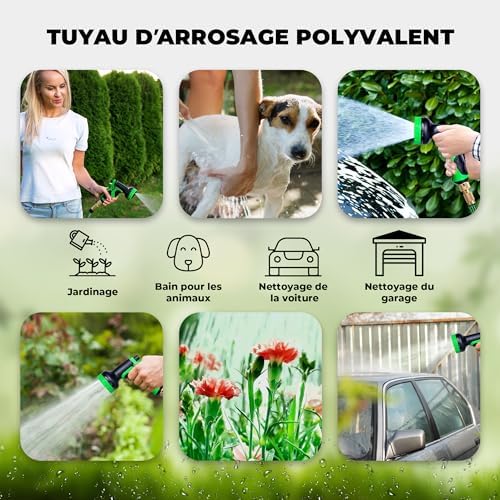 Tuyau d'Arrosage Extensible 15m, 9 Modes, Adaptateurs 1/2'' et 3/4'', Vert