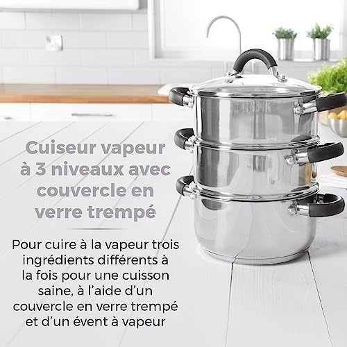 TOWER Cuiseur Vapeur à Induction, 3 Étages, Inox, 18 cm, Argenté