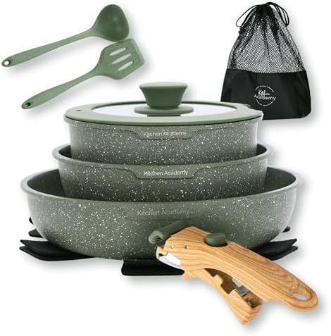Batterie de Cuisine à Poignée Amovible, 10 Pièces, Vert, Induction