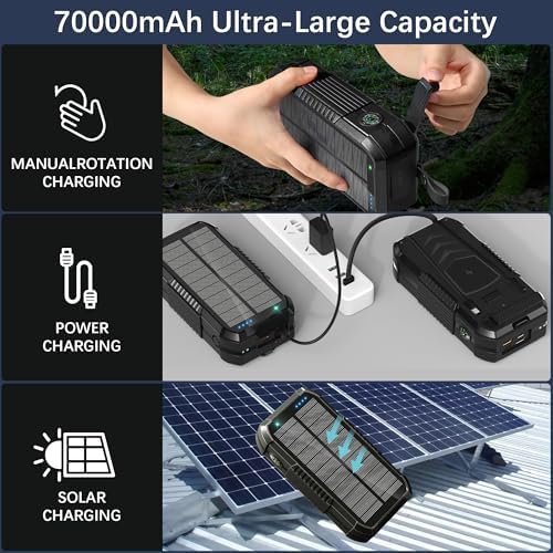 Chargeur Portable 70 000 mAh Batterie Externe Solaire avec Manivelle et 6 Sorties