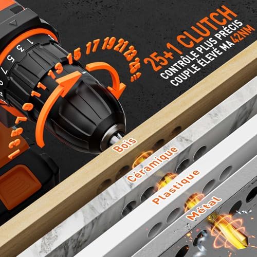 FAHEFANA Perceuse Visseuse Sans Fil 20V, 42Nm, 2 Batteries 2.0Ah, 24 Accessoires