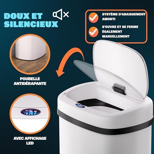 Monzana Poubelle Automatique 50L, Acier Inoxydable, Capteur de Mouvement, Blanc
