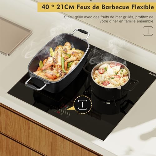 Plaque Induction 3 Feux Flexible 6800W, Verre Noir, Fonction Boost et Sécurité