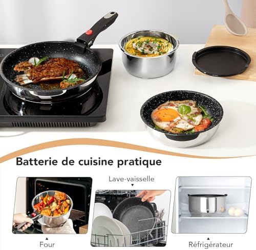 Batterie de Cuisine Induction 7 Pièces, Poêles Antiadhésives et Casseroles Inox, Noir