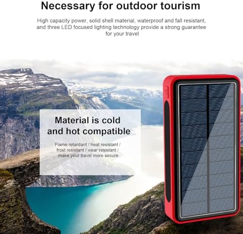 Batterie Externe Solaire 50000mAh, Chargeur Solaire avec 4 Sorties USB, Rouge