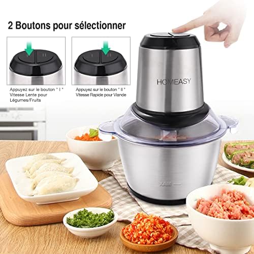 homeasy Hachoir Électrique 350W, Modèle HE-06-1, Bol Acier Inox 2L, 4 Lames Amovibles