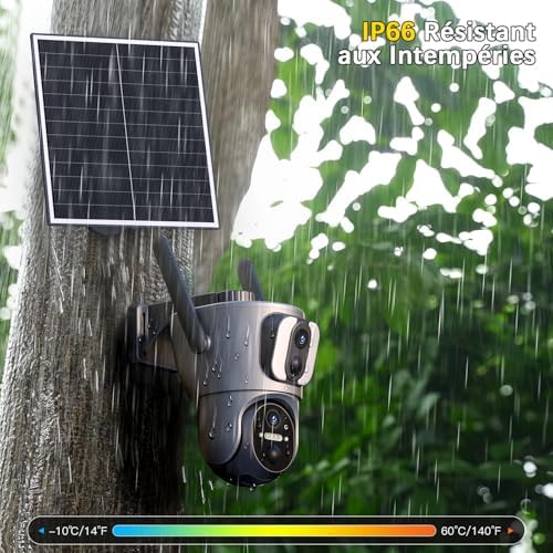 Caméra Solaire 4G LTE Double Objectif, Surveillance Extérieure 2K HD, Gris